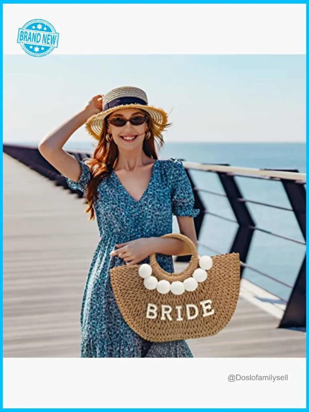 Straw Woven Tote Bag Pearl Letters Rhinestone Details Hobo Purse Beach Bridal